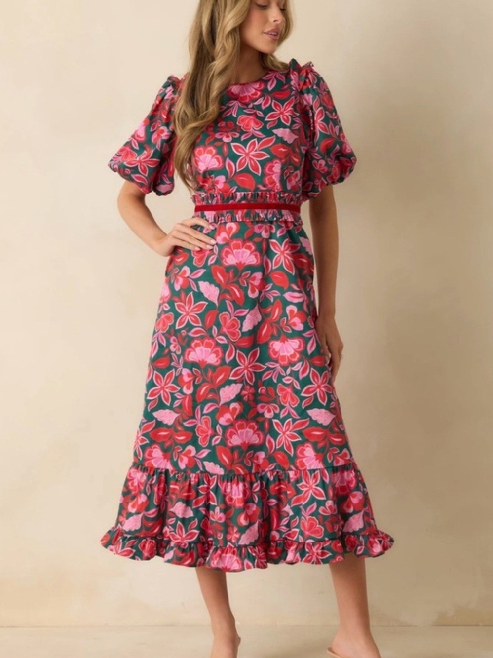 Prosperina Gold Label Puff-Sleeve Floral Midi Dress in Pink and Green